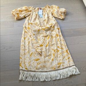 Yellow and White Patterned Dress with Fringe